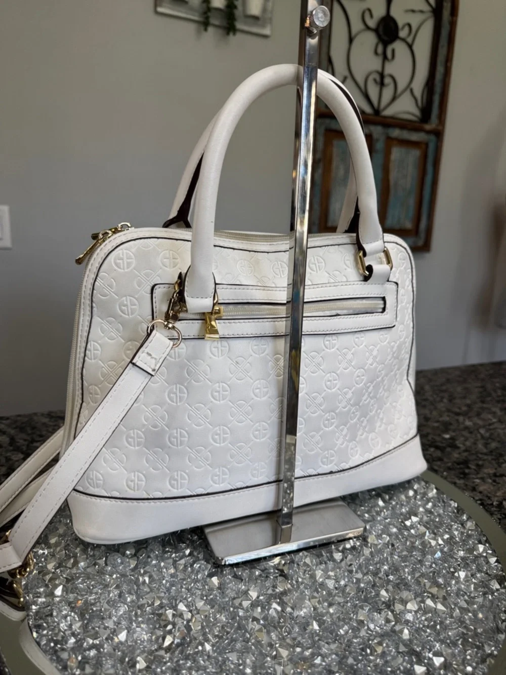 Giani Bernini White Embossed Dome Satchel with Gold Hardware